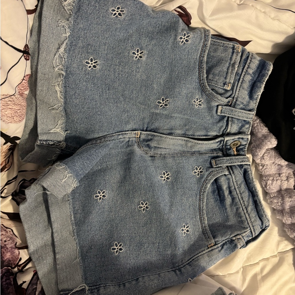 Hollister Light Blue Jean Shorts with White Floral Embroidery